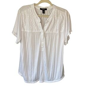 Love Ever After White Lace Yoke Pleated Short Sleeve Blouse Plus 1X